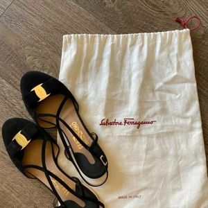 Salvatore Ferragamo Felma Vara Bow Accent Slingback in Black Suede and Gold Heel